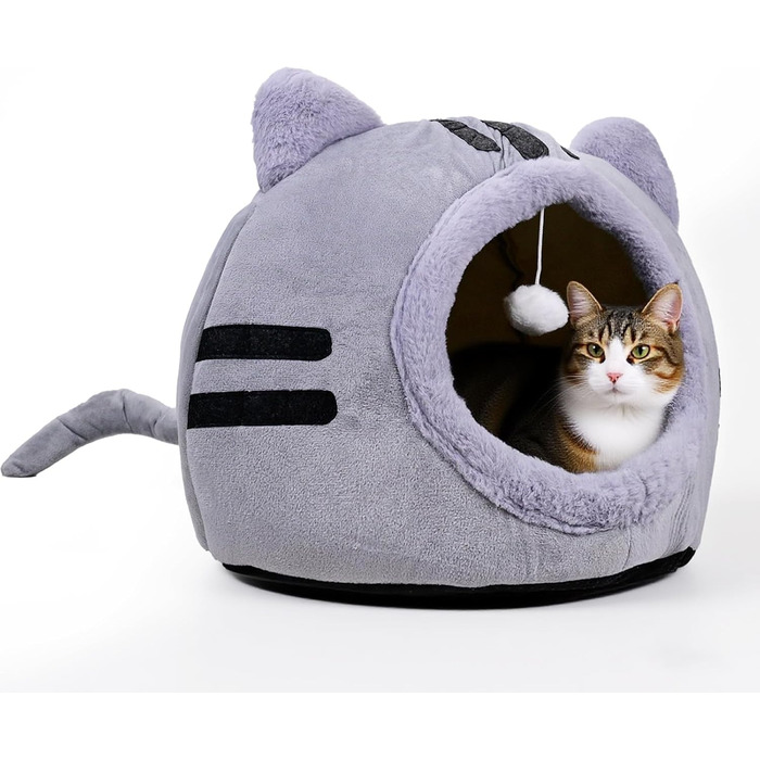 Кішка ліжко для котів, форма кота 40x40x32 см, велика кішка-печера, темно-сірий колір, складне ліжко для котів з пральними подушками, кішка-будиночок для кошенят, маленьких, середніх домашніх тварин, сірий колір