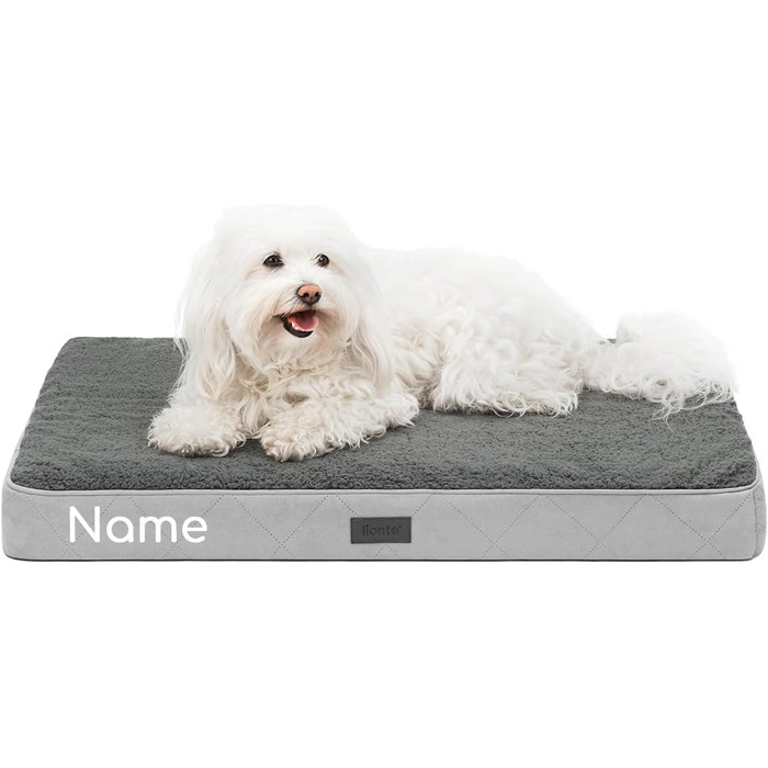 Ортопедичне ліжко для собак Lionto, 112x81x8 см, міцне, з м'яким плюшем, знімний та пральний чохол, водовідштовхувальне, для собак та котів, з нанесенням імені (76x51x8 см з іменем), сірий колір