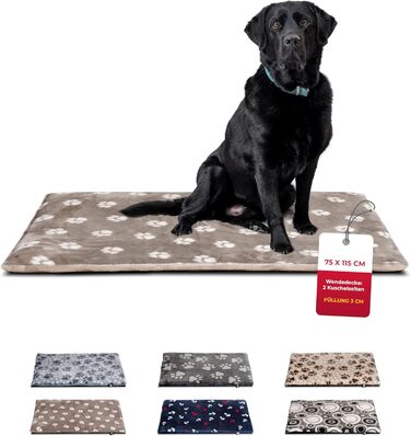 Лежак для собак HS-Hundebett® L 75x115 см, двосторонній, м'який, 3 см наповнювач, для дивана, авто та будки, колір бежевий з лапками, зроблено в Німеччині