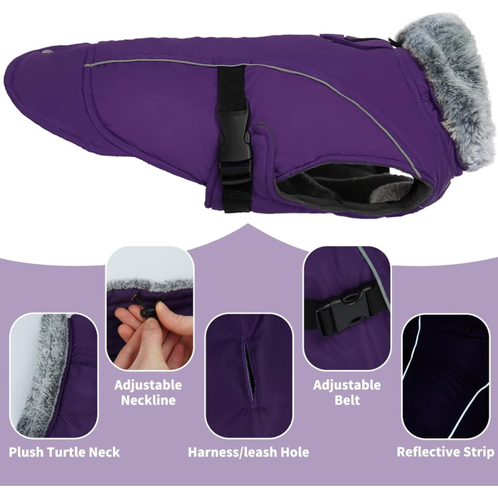 Теплий водонепроникний пуловер для собак DENTRUN з флісовою підкладкою, зимовий одяг для собак середнього розміру, зимова куртка для собак (Камуфляж, білий) XX-Large, фіолетовий