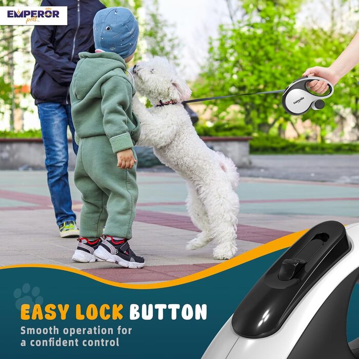 Рулетка для собак Emperor Pets Aura BW26, біла, до 50 кг, міцна, з антиковзною ручкою та світловідбиваючою стрічкою, для середніх і великих порід