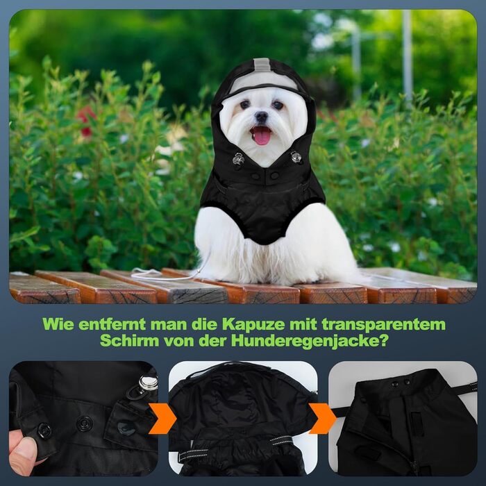 Водонепроникна куртка для собак OUOBOB з відбиваючими смугами, нагрудник H-подібної форми (D-кільце) та знімний капюшон з візором, ідеально підходить для середніх/великих собак [Неоновий зелений, розмір] Зелений (3XL, Чорний)