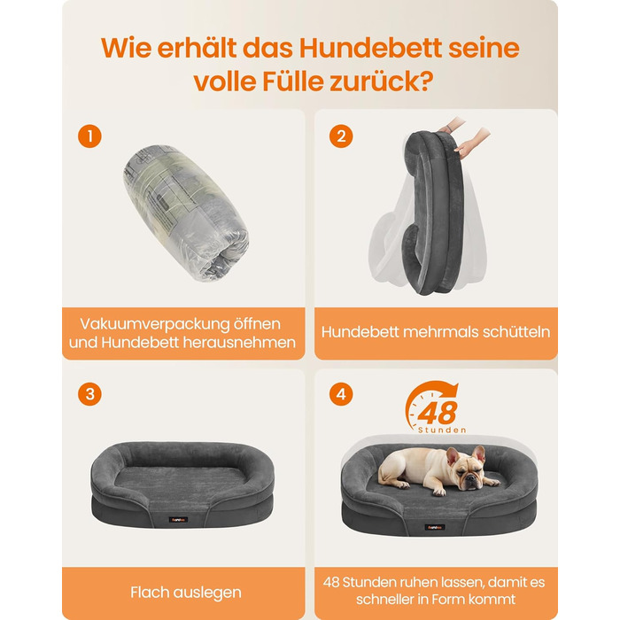 Feandrea лежанка для собак, ортопедична, 76 x 51 x 18 см, сірий колір, для середніх собак, знімний, водонепроникний чохол, протиковзна