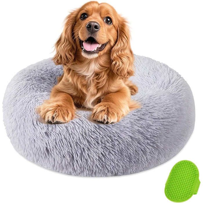 М'яке ліжко для собак середнього та маленького розміру, котяче ліжко, круглий килимок для собак, знімний та пральний килимок для собак, діаметр 50 см, довгий плюш, неслизьке ліжко для собак, диван для собак з високим бортиком, сірий колір