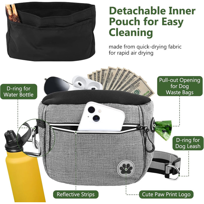 Преміум сумка для собачих ласощів для дресирування, велика місткість, сумка для прогулянки з тримачем для пакетів, регульований ремінь, сумка для цуценят, бананка для собак