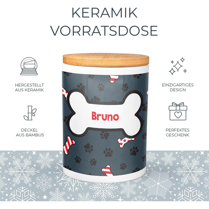 Набір для годування собак PICANOVA з іменем: миска та контейнер для ласощів у різдвяному дизайні. Керамічний набір для собак як подарунок для власників домашніх тварин. Дизайн Candy Bones.