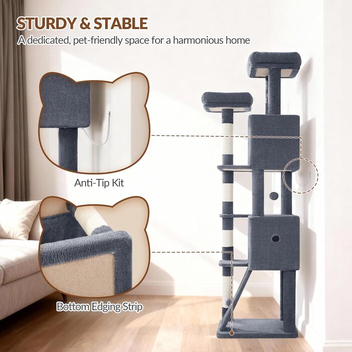 Котячий будиночок Kratzbaum 178 см: стабільний, з дряпальними стовпцями, лежаками та платформами, сірий