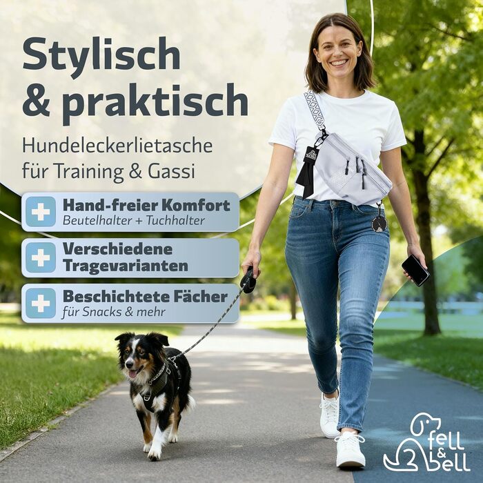 Водонепроникний ласоконний мішечок для собак fell&bell Leckerlitasche – з 2 відділеннями для снеків, 1,8 л основного відділення, кишенькою для телефону та диспенсером для відходів | Сумка для годування собак, тренувань та цуценят, блакитно-сіра