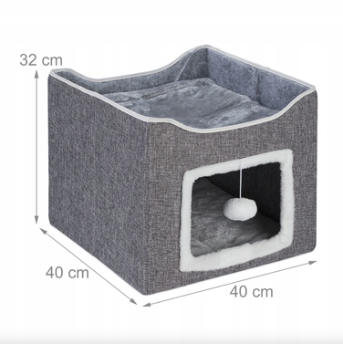 Будиночок-будка для кота з лежаком та іграшкою, сірий, 32 x 40 x 40 см
