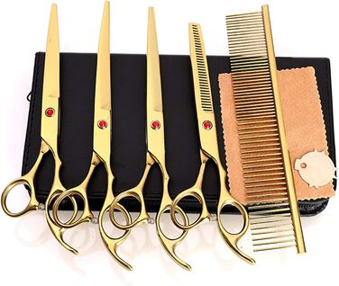 Набір професійних ножиць для грумінгу собак 5 в 1, 7 дюймів, нержавіюча сталь, включає прямі, фінішні та зігнуті ножиці, гребінець