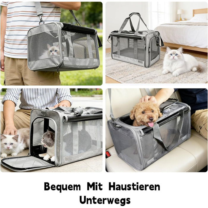 Транспортна переноска для котів та собак, 46x30x30 см, темно-сіра, складана, з вентиляційною сіткою та кишенею, до 10 кг