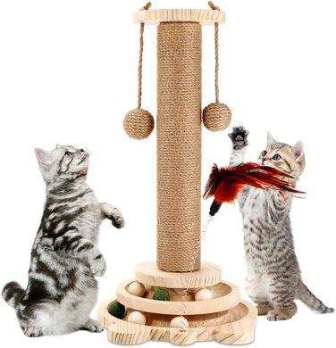 Інтерактивна іграшка для котів з дерева Roller 4 в 1: обертовий столик, когтеточка, кішка з кульками. Підходить для котів середніх та маленьких порід
