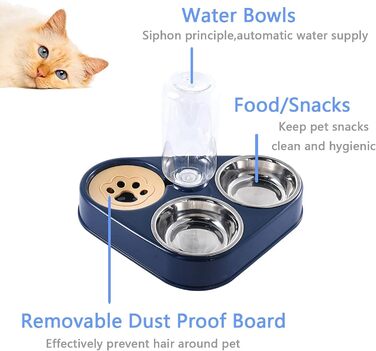 Миска для кота з нержавіючої сталі 3-в-1 з автоматичним дозатором води, подвійна миска для котів та собак маленьких та середніх порід (Блакитна)