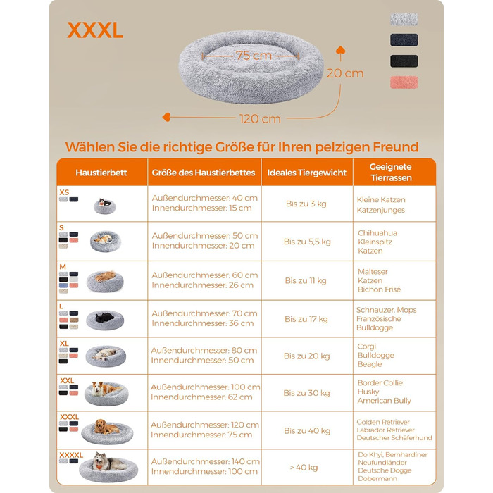Кругле ліжко для собак та котів Feandrea з м'яким плюшем, діаметр 120 см, світло-сірий колір, знімний наповнювач, PGW043G01