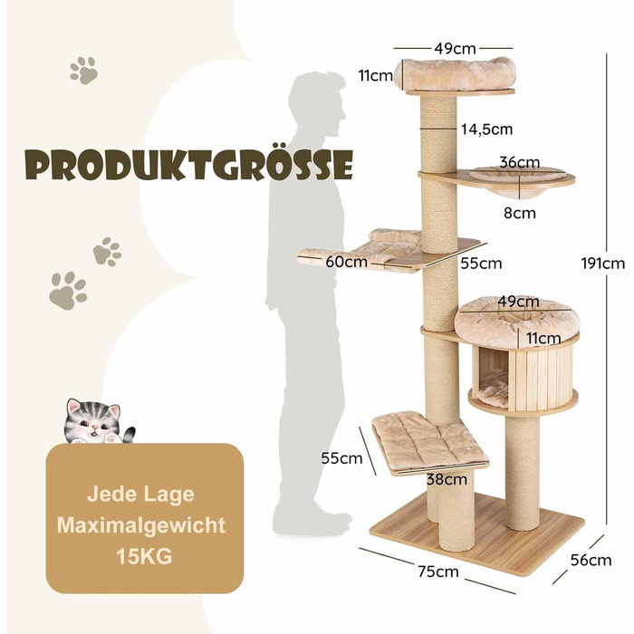 Багатоповерховий котячий комплекс COSTWAY з дерева, 191 см: кігтеточка, гамак, будиночок, кошик, стовпчики з сизалю, активний ігровий комплекс для котів, бежевий, 6 поверхів