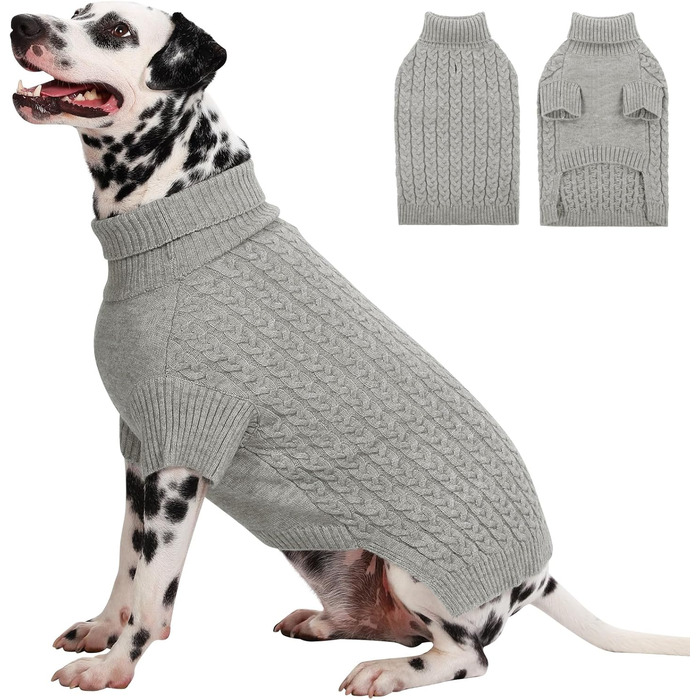 Пуловер для собак CITE TOILE різних розмірів (L, сірий), теплий в'язаний, з коміром-горловиною, для дрібних, середніх та великих собак (такса, бульдог)