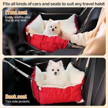 Автокрісло для собак 3-в-1 - переносна ліжко для маленьких собак, з розширеною лежачою поверхнею та м'яким матрацом, для переднього або заднього сидіння, внутрішнє та зовнішнє використання (червоний)