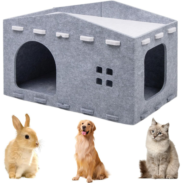 Кішка Будиночок з Фельту, Лежанка для Кішки - Знімний Будиночок, Теплий та Зимостійкий, Захист Кігтів, 52 x 32 x 31 см, Сірий