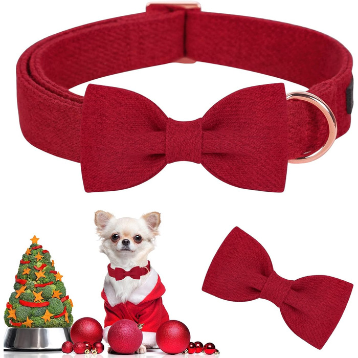 Нашийник для собак Aring PET на Різдво, червоний бавовняний нашийник з бантиком, милий нашийник з метеликом, подарунок для собак з металевою застібкою, для маленьких, середніх та великих собак, L, червоний