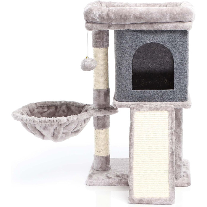 Кігтеточка для котів Fudajo сірого кольору, 71,5 см, з платформою для відпочинку, лежаком, дряпалкою та будиночком. Кліматичний комплекс для котів з 1 будиночком.
