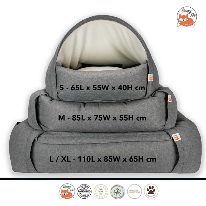 Sleepy Fox® Преміум ліжко-печера для собак та котів - нагороджений, запатентований дизайн (Сірий, стеганий, розмір Medium: 85x75x55 см)
