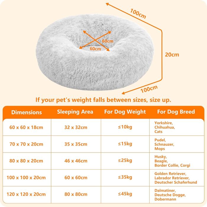 Ортопедичне ліжко для собак, круглий лежак, софа для котів та собак, м'який кошик, можна прати, діаметр 100 см, сірий колір, розмір 100 x 100 x 20 см