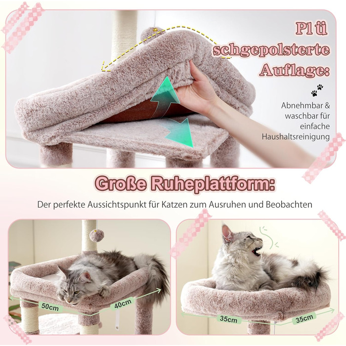 Кігтеточка Heybly Kratzbaum 180 см: велика, стійка, з будиночком, гамаками, для мейн-кунів та інших великих котів, коричнево-бежева