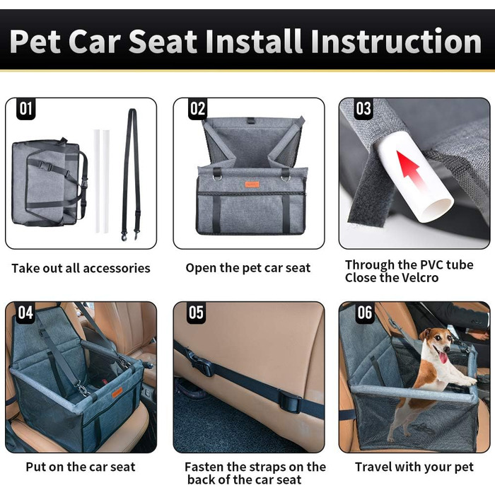 Автокрісло для собак - автокрісло для маленьких собак з ременем, водонепроникне, стабільне, для заднього та переднього сидіння, чорно-сірий (з PVC-трубою)