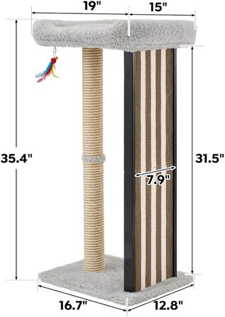 Дряпалка для котів Veehoo, 90 см, сіра. Стабільна дряпка з платформою та іграшками. Підходить для кошенят та дорослих котів. Розміри: 46 x 37 x 90 см