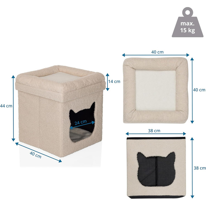 Квітковий будиночок для котів PAWY з подушкою, розкладне ліжко для котів з Bouclé тканини, знімний дах, 40x40x44 см, Бежевий, кутовий / 44 x 40 x 40 см Бежевий