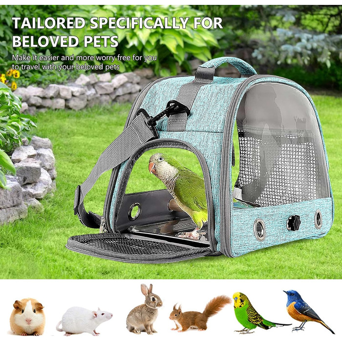 Транспортна сумка для птахів Vogel з підставкою та металевим підносом, переноска для папуг, рюкзак для птахів з дерев'яною ручкою, переносна клітка для малих птахів, блакитна