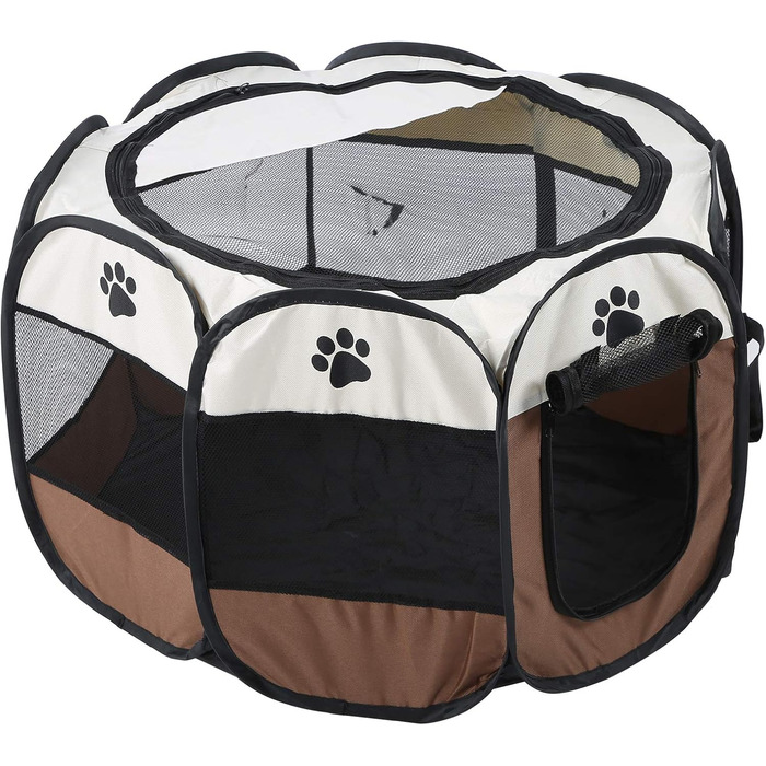 Складане зоо-намет для тварин 8-секційний з бічною сіткою – вольєр для домашніх тварин з блискавками для використання в приміщенні та на вулиці, для подорожей, кемпінгу 68 x 45 см (колір кава)