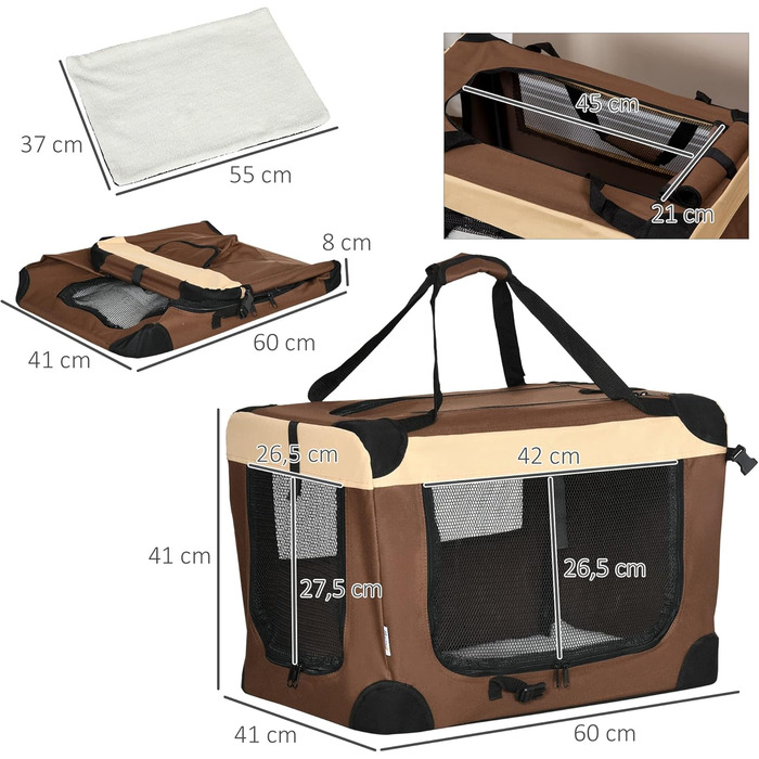 PawHut переносна сумка для собак та котів, складана, з вікнами, м'який килимок, 2 плечові ремені, 60x41x41 см, коричнева