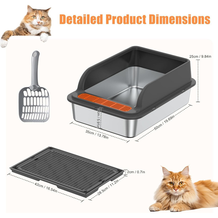 Кігтеточка-лоток для котів Euakee з нержавіючої сталі з кришкою, XL, великий, для великих котів, з високими бортиками, з лопаткою та педалем, антипригарне покриття, захист від протікання, легко чистити