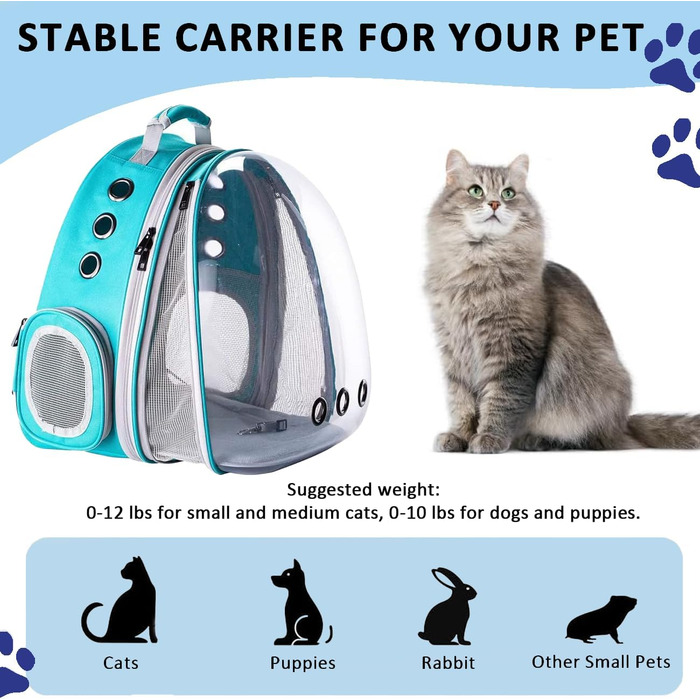 Рюкзак-переноска для котів та маленьких собак, з розширеною передньою частиною, прозоре вікно, блискавка, для подорожей та піших прогулянок (Світло-блакитний)