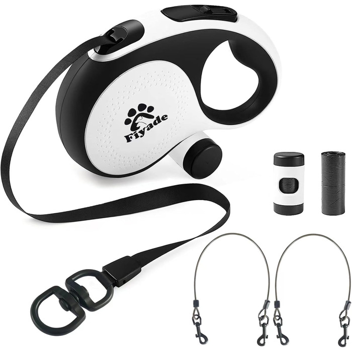 Висувна собача повідка, 5 м: повідка з двома карабінами, повідка для 2 собак, подовжена повідка для собак середніх та великих порід до 50 кг, білий та чорний колір