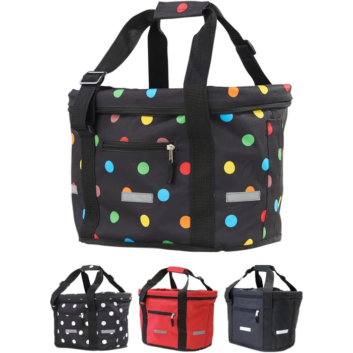 Фарбований кошик для велосипеда BÜCHEL | Кошик-сумка для покупок | Складаний | З експрес-кріпленням для швидкого встановлення та зняття | Чорний з кольоровими крапками