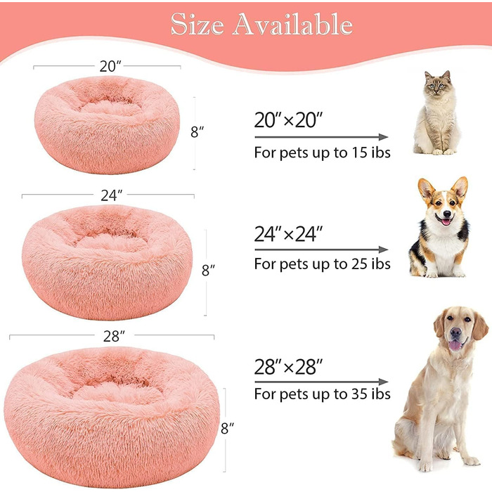 Кругле котяче ліжко Donut 50,8 см рожеве, м'яке, пухнасте, заспокійливе, антистрес, для котів в приміщенні, середній розмір, пране