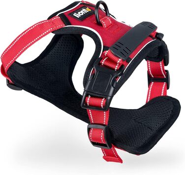 Нашийник для собак Lionto, розмір L, червоний, з м'якої нейлону, анти-тяга, з 2 кільцями та 4 регульованими ремінцями, з гумовою ручкою