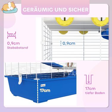 Клітка для хом'яків PawHut 4-ярусна, для дрібних тварин, з аксесуарами (лабіринт, годівниця), блакитна, 78 x 45 x 73 см