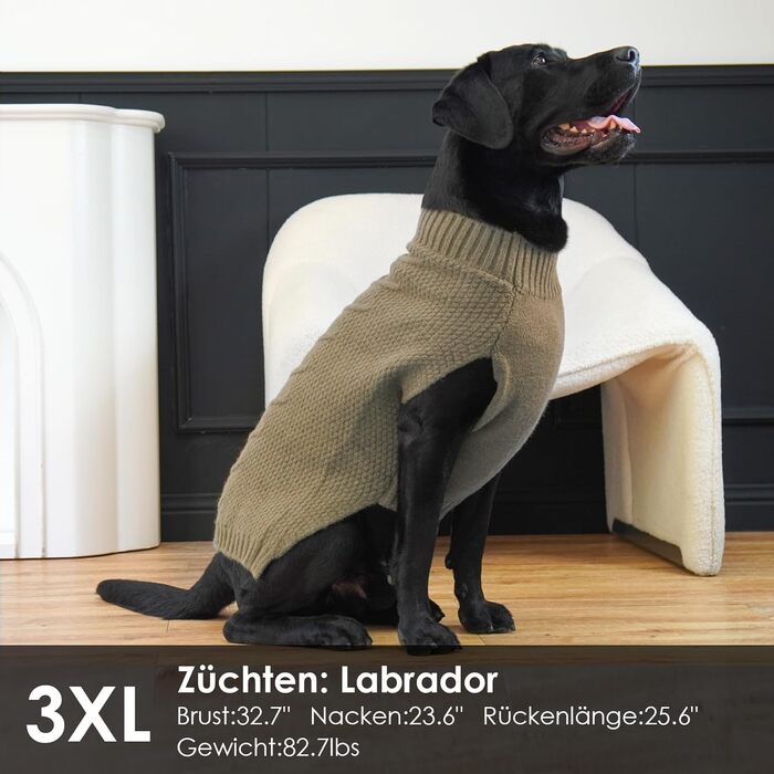 Пуловер для собак, теплий пуловер для великих собак, в'язаний пуловер для собак, флісовий пуловер для собак, для Лабрадора, хакі, 3XL XXXL