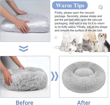Заспокійливе ліжко для собак знімний чохол, миється, ліжко-пончик проти тривоги, м'яке, кругле, затишне, плюшеве, тепле, 60 см, світло-сірий, зовнішній діаметр 60 см (M), чорний