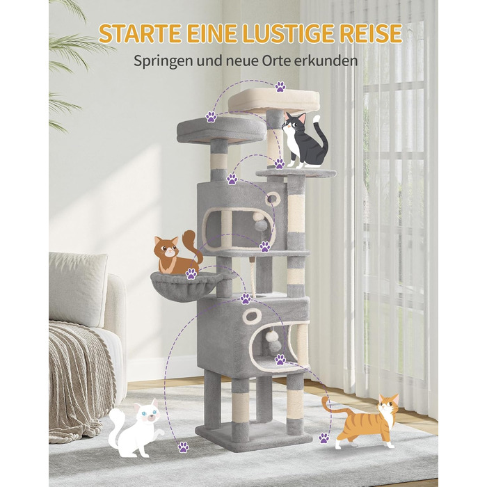 Драбина-кіготь Hzuaneri для котів, 159 см, 8 стовпчиків, 3 платформи, 2 хованки, кошик, плюшеві кульки, мотузка з сизалю, підходить для котів різних розмірів, сірий MS15918LG L (50 x 40 x 159 см)