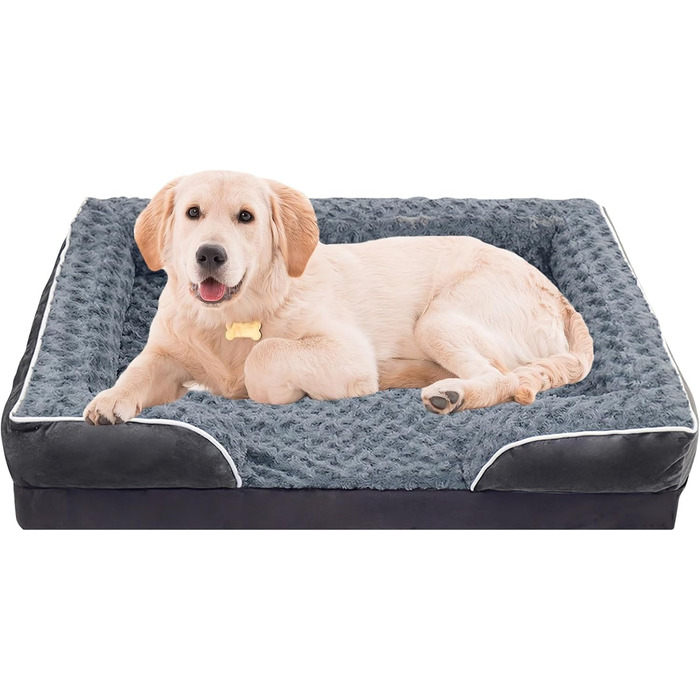 Ортопедичне ліжко для собак з піною з пам'яті, знімний та пральний чохол, подушка-гніздо, неслизьке підстилка та водонепроникний вкладиш. Ліжко для собак з високим бортиком (XL 107*76 см)