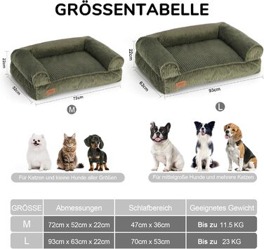Крісло-ліжко для собак великих порід FUKUMARU, м'яке та зручне, з водонепроникним покриттям, з тканини Cord, можна прати, не ковзає, знімний чохол на блискавці, 93 x 63 x 22 см, зелене