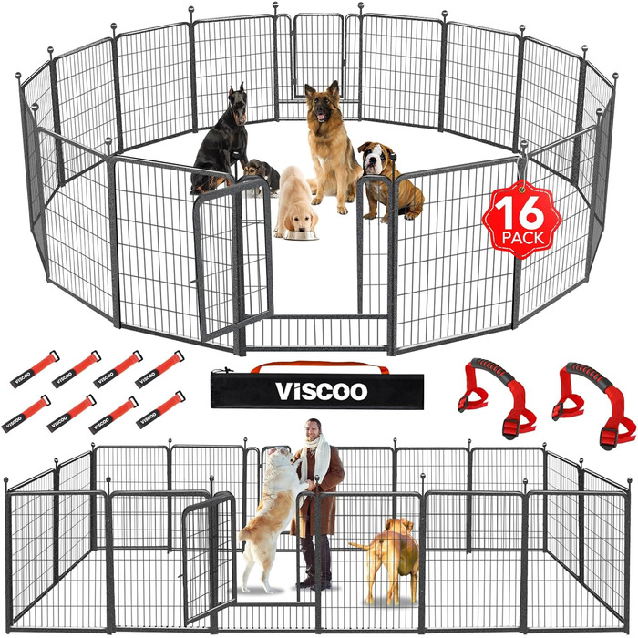 VISCOO Вольєр для собак 16 панелей 101,6 см, металевий, міцний, для малих, середніх і великих порід, з дверима, складаний, для вулиці