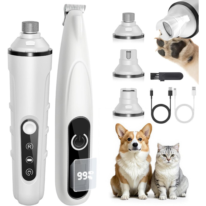 PAPMINI 2-в-1 триммер для когтів та стрижка когтів для собак, безшумний, акумуляторний, для великих, середніх та маленьких собак, білий