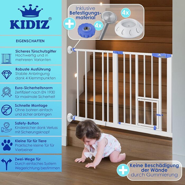 Захисне ворота KIDIZ® для дітей та домашніх тварин: безпечне огорожа для сходів, розширюване, без свердління, синього кольору (102-115 см)
