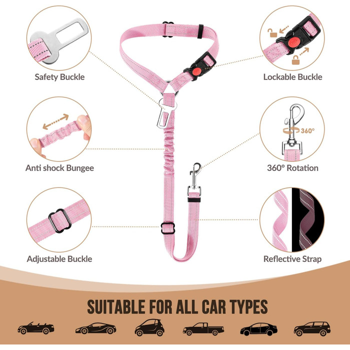 Автомобільний повідок для собак Lukovee: 2 шт., регульований, з еластичним шнуром та світловідбиваючими елементами для безпеки під час поїздок