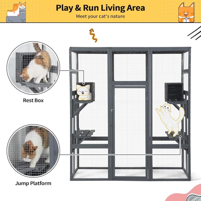 Великий дерев'яний кігтечка для котів COZIWOW з лежаками, печерами, ігровим комплексом та простором для бігу, для дому, з водонепроникним дахом, 7 платформ, 2 будиночки, стійкий до УФ-випромінювання, 167 см x 82 см, сірий, XL